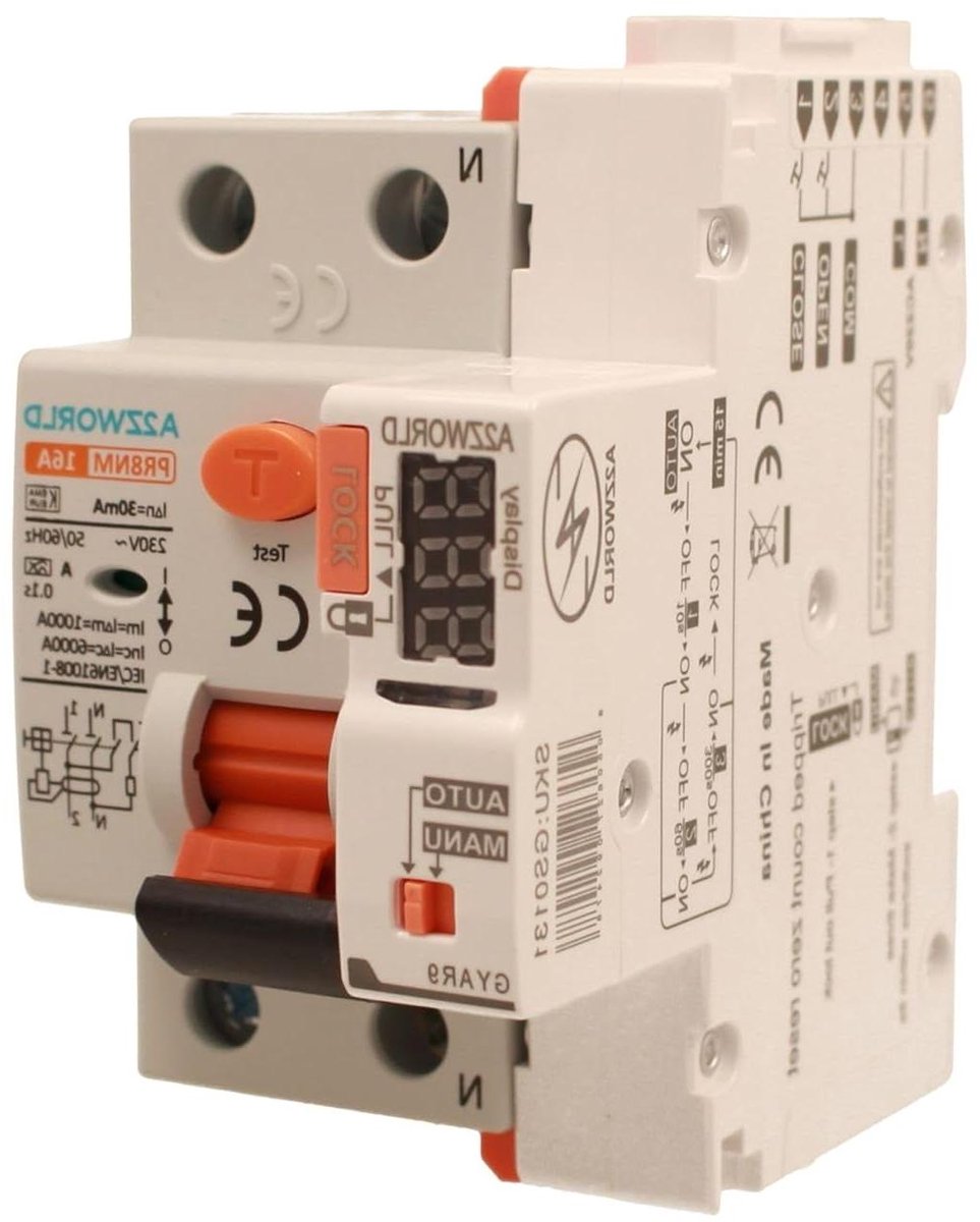 Aardlekschakelaar - Stroomonderbreker - Veilige Elektrische Installatie - Automatische Herbewapening - 16 A 30 mA - Grijs