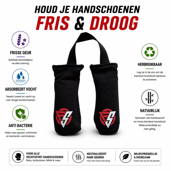 Zwarte geurvreter voor bokshandschoenen met rood/wit logo, met teksten over frisheid, absorptie en antibacterieel.