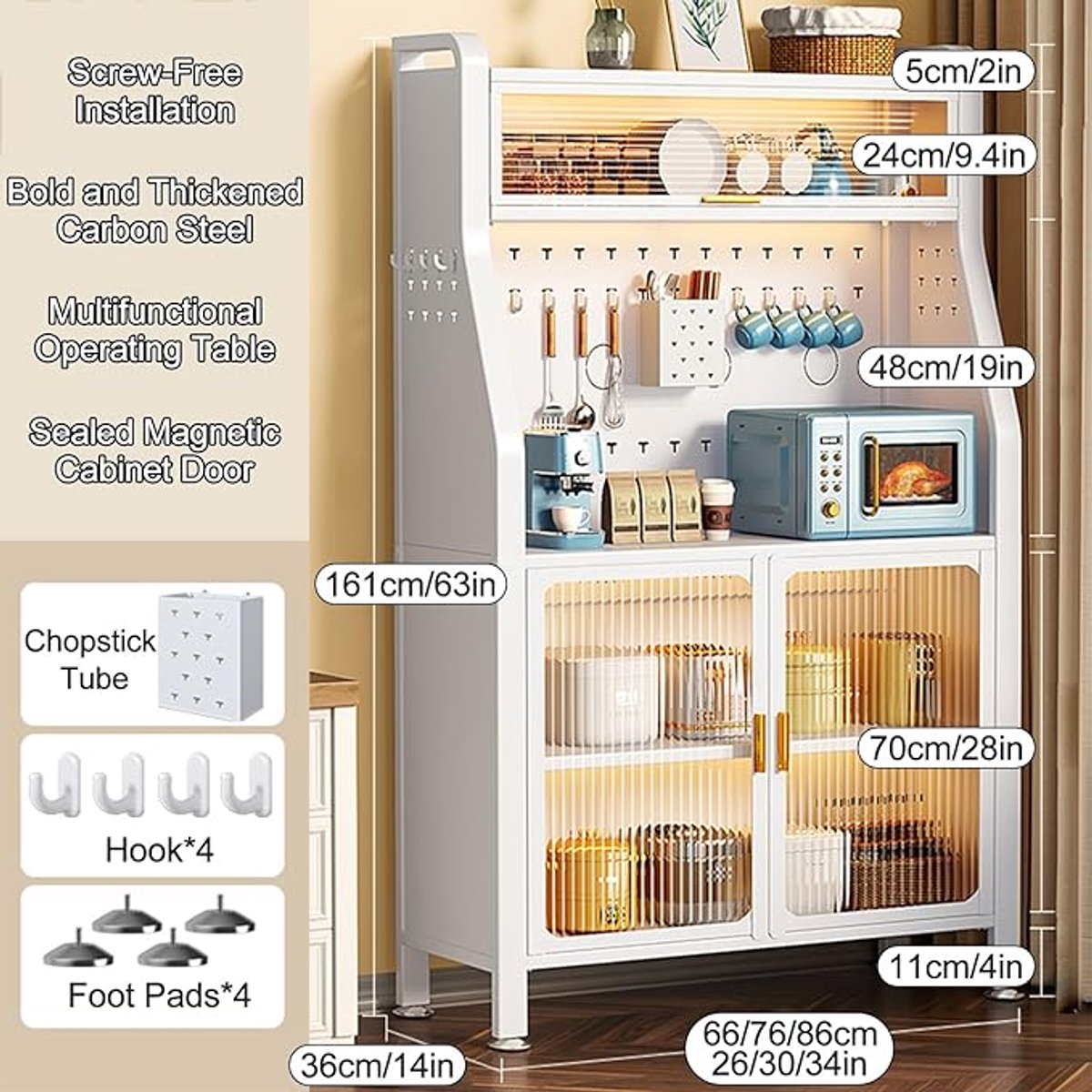 Keukenrek 5-laags Opvouwbaar met Deurtjes en Haken – 76 x 161 cm Magnetronrek & Opbergrek Zonder Schroeven voor Keuken, Pantry, Garage en Woonkamer