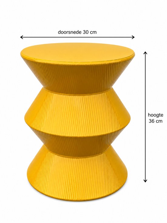 Gele bijzettafel met ribbelpatroon, hoogte 36 cm, doorsnede 30 cm.