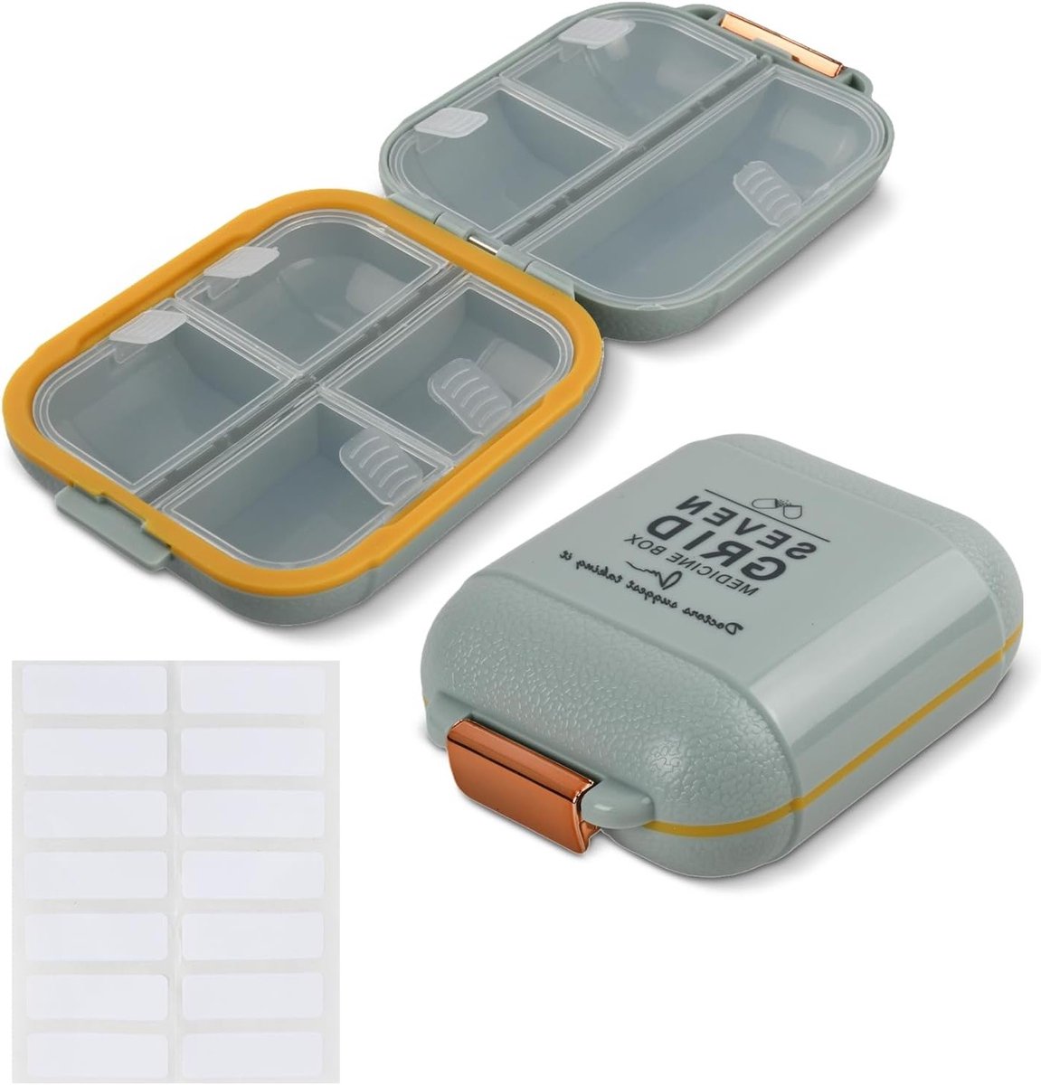 Compact pillendoosje voor op reis met 7 vakken, ideaal voor vitaminen, supplementen en medicatie, met zelfklevende etiketten (groen, 9 x 7 x 3,5 cm)