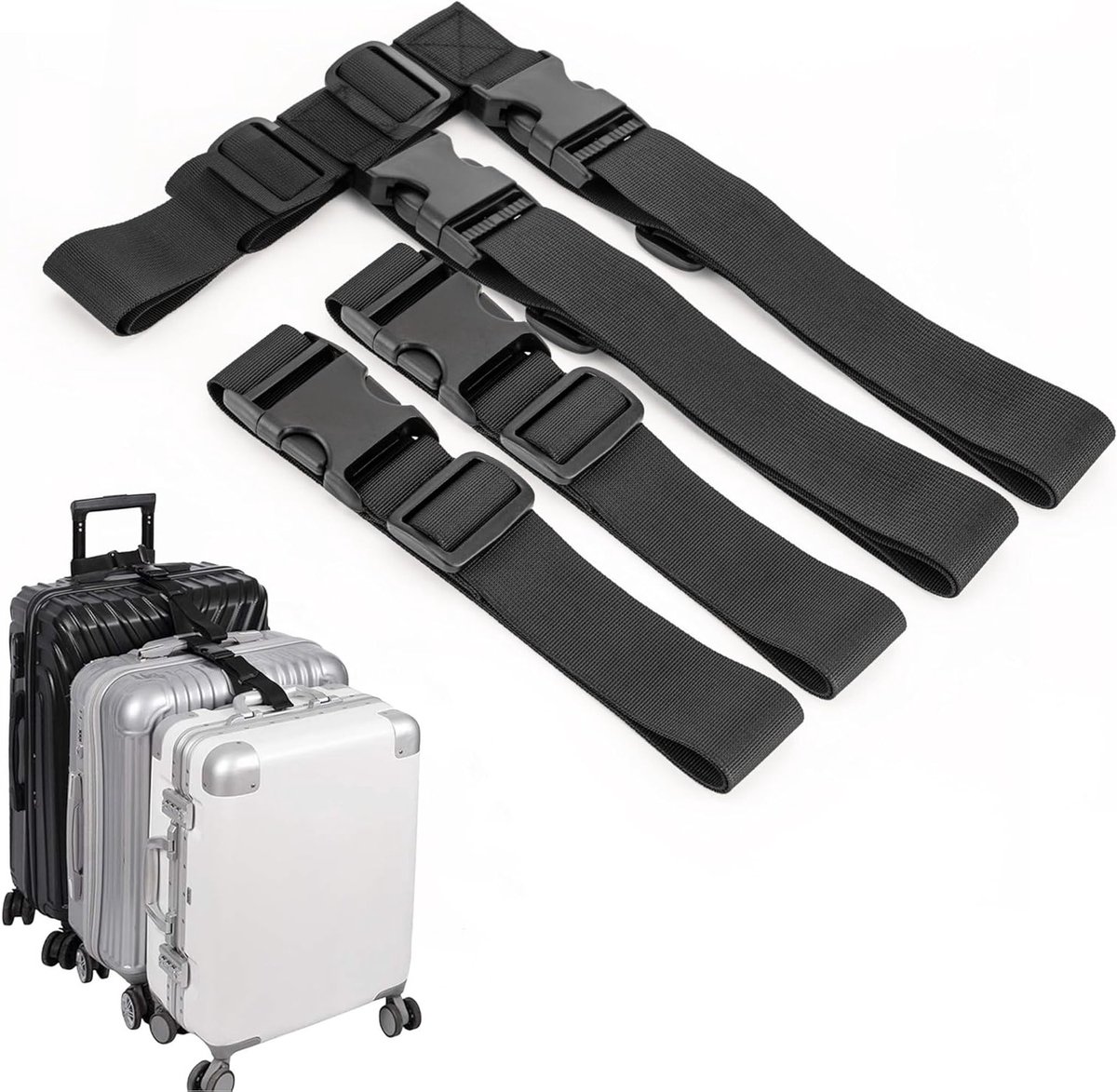 Verstelbare Bagagestraps voor het Verbinden van 3 Koffers, 2 Zwarte Straps met Gespen, 3.2 cm Breed, Veilig en Duurzaam Reizen, 30 x 48 cm x 2