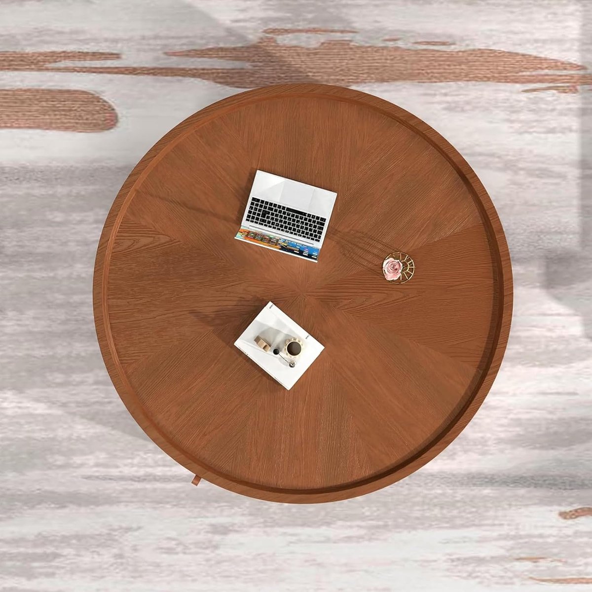 Ronde Salontafel met Opbergruimte 100 x 100 x 33 cm – Moderne Koffietafel met Afneembaar Deksel & Verborgen Opbergruimte – MDF & Massief Hout Fineer – Krastbestendig Design – Bruin – Faisal