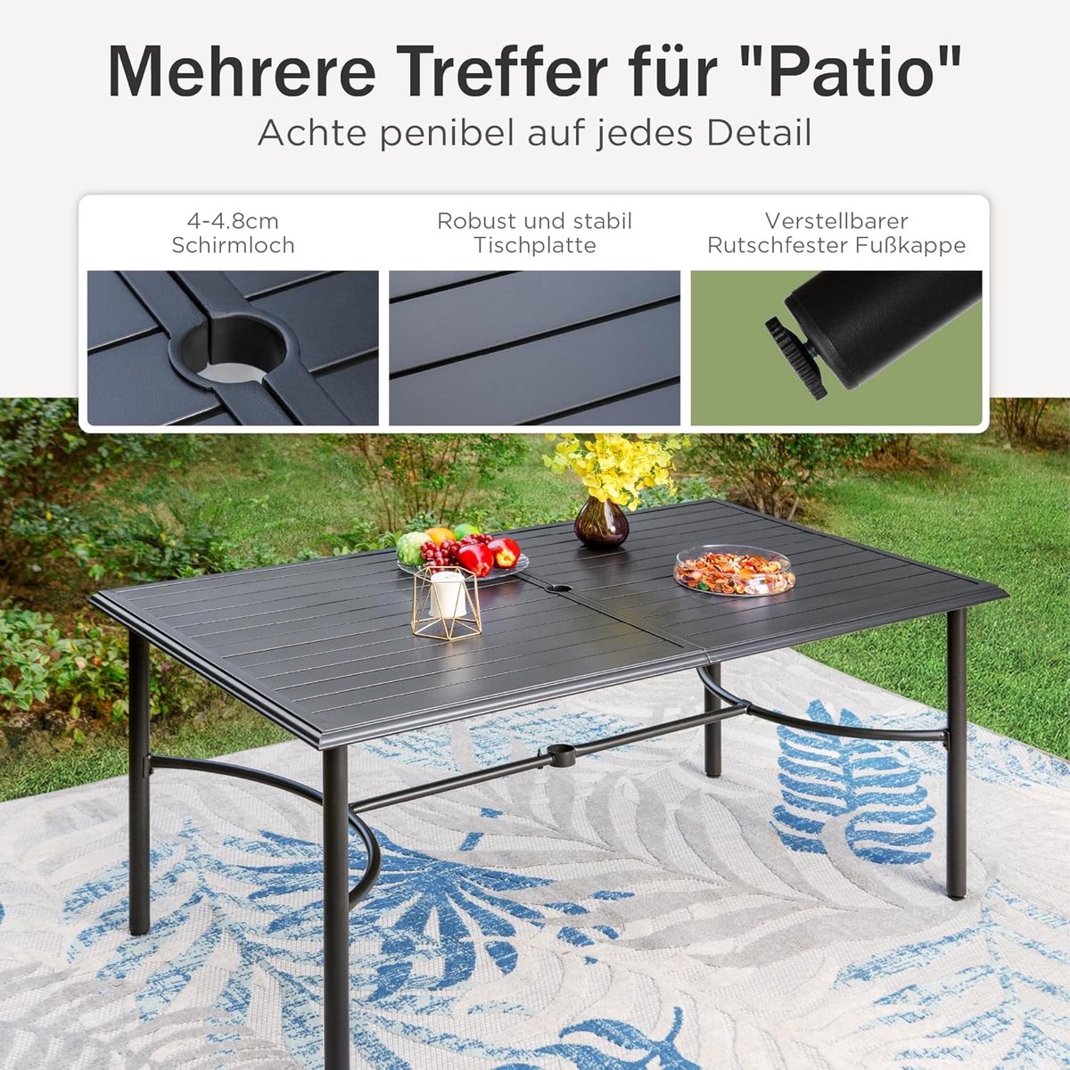 Tuinmeubelset 7-delig 170x96x74 cm – Metalen Tuintafel met 6 Stapelbare Stoelen, Weerbestendig, Parasolgat 4 cm, Modern Zwart – HomebyNicole