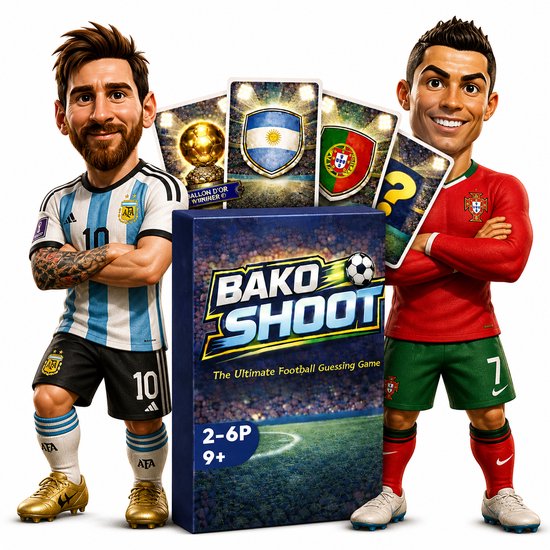 De doos van Bako Shoot, geflankeerd door getekende versies van Lionel Messi in Argentinië-tenue en Cristiano Ronaldo in Portugal-tenue.
