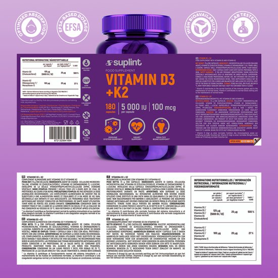 Verpakking met vitaminen, met de tekst "Suplint Vitamin D3 + K2" en "180 capsules 5000 IU 100 mcg".