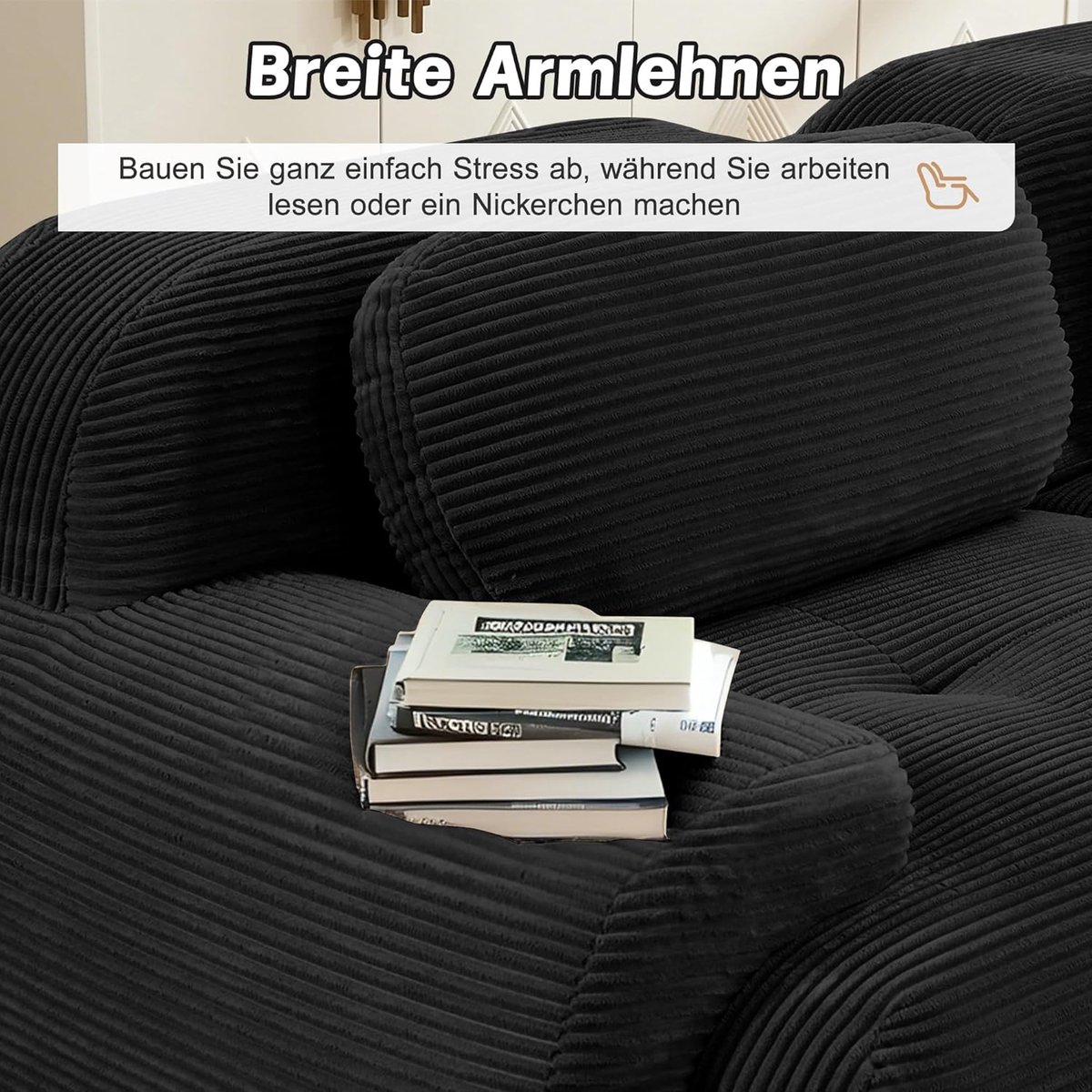 Modulaire Hoekbank L-vorm – Arqam CloudSoft Corduroy Slaapbank – 3-Zits Bank met Ottoman – Zonder Montage – Moderne Ribfluweel Bank – Zwart – 208x178 cm