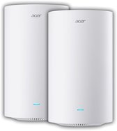 Twee witte cilindervormige wifi-routers van Acer met een blauwe led-indicator aan de onderkant.
