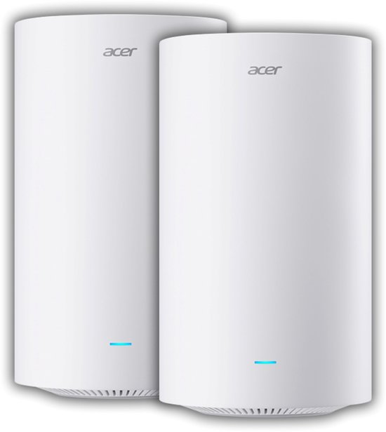 Twee witte cilindervormige wifi-routers van Acer met een blauwe led-indicator aan de onderkant.