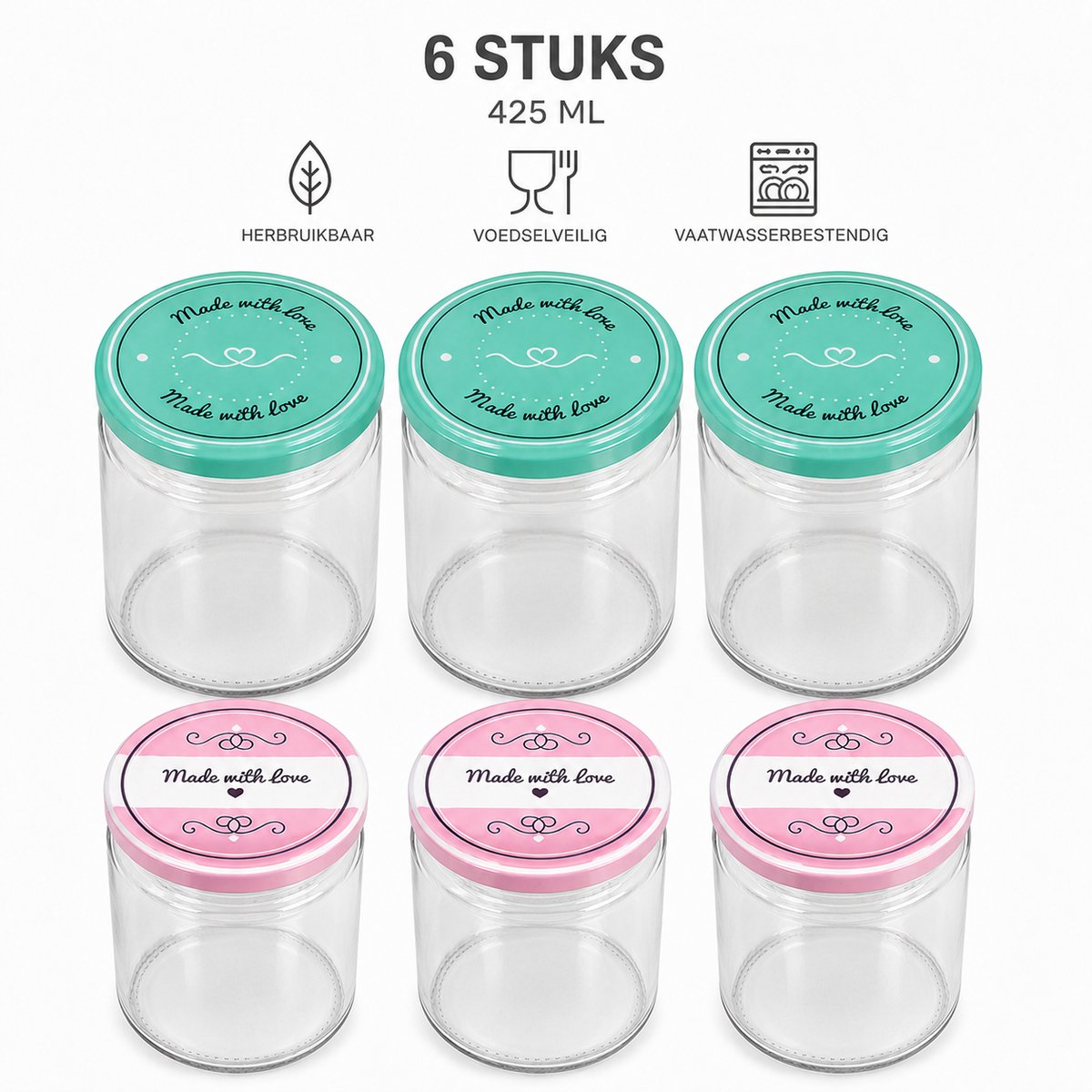 Axentia glazen potjes 425 ml 6 stuks - jam potjes - weckpotten - inmaakpotjes - voorraadpotjes