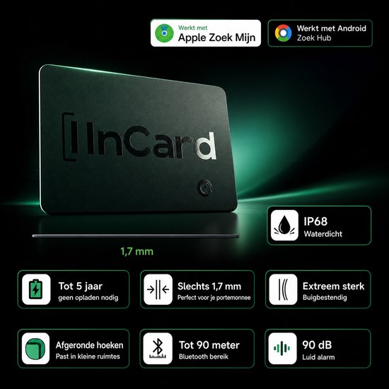 Zwarte InCard tracker met groen lichteffect, 1,7 mm dik, IP68 waterdicht.