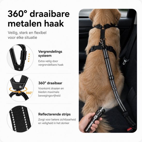 BOTC Ceinture pour Chiens 3 en 1 - Ceinture de sécurité pour chien - Réfléchissante - Ceinture de sécurité pour chien - Ceinture de voiture pour chien - Zwart - Acier inoxydable