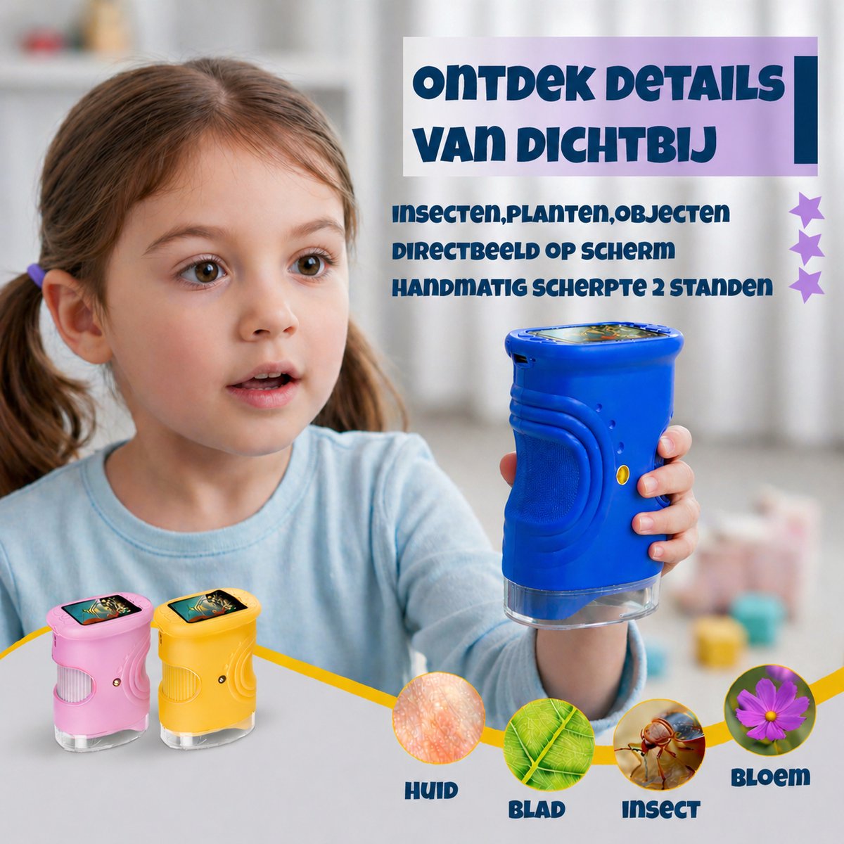 DUTCHPOWER Digitale Microscoop 1000x-4K-voor Kinderen – Draagbare Handmicroscoop met Foto & Video – STEM Educatief Speelgoed voor Ontdekken in Tuin en Natuur – Geschikt voor 4 t/m 12 jaar-Blauw — afbeelding 3