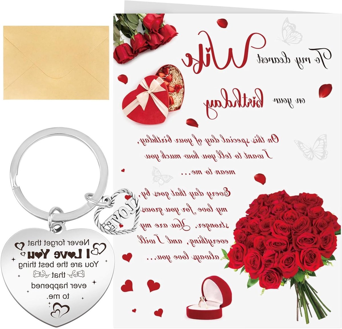 Verjaardagskaart voor Vrouw - Persoonlijke Cadeaus voor Echtgenote met Envelop en Sleutelhanger van Liefde