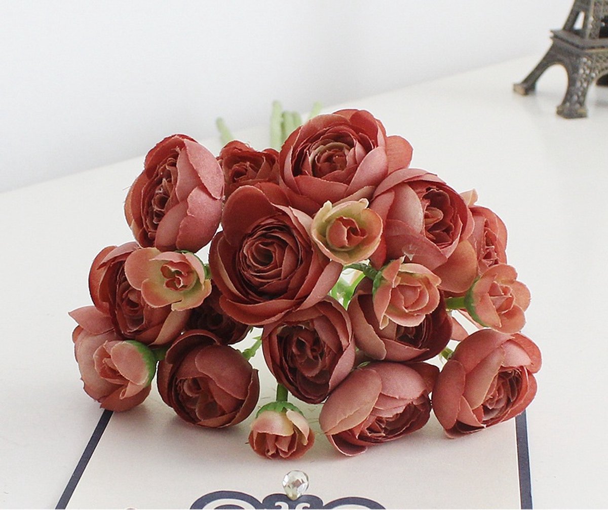 Zijden Boeket Kleine Camelia – 40cm hoog – 18 stelen - doe-het-zelf boeket – DIY – alle kunstbloemen los geleverd – Lente – multi color – Kunstbloemen - nep bloemen - nepbloemen - kunstplanten Wijnrood