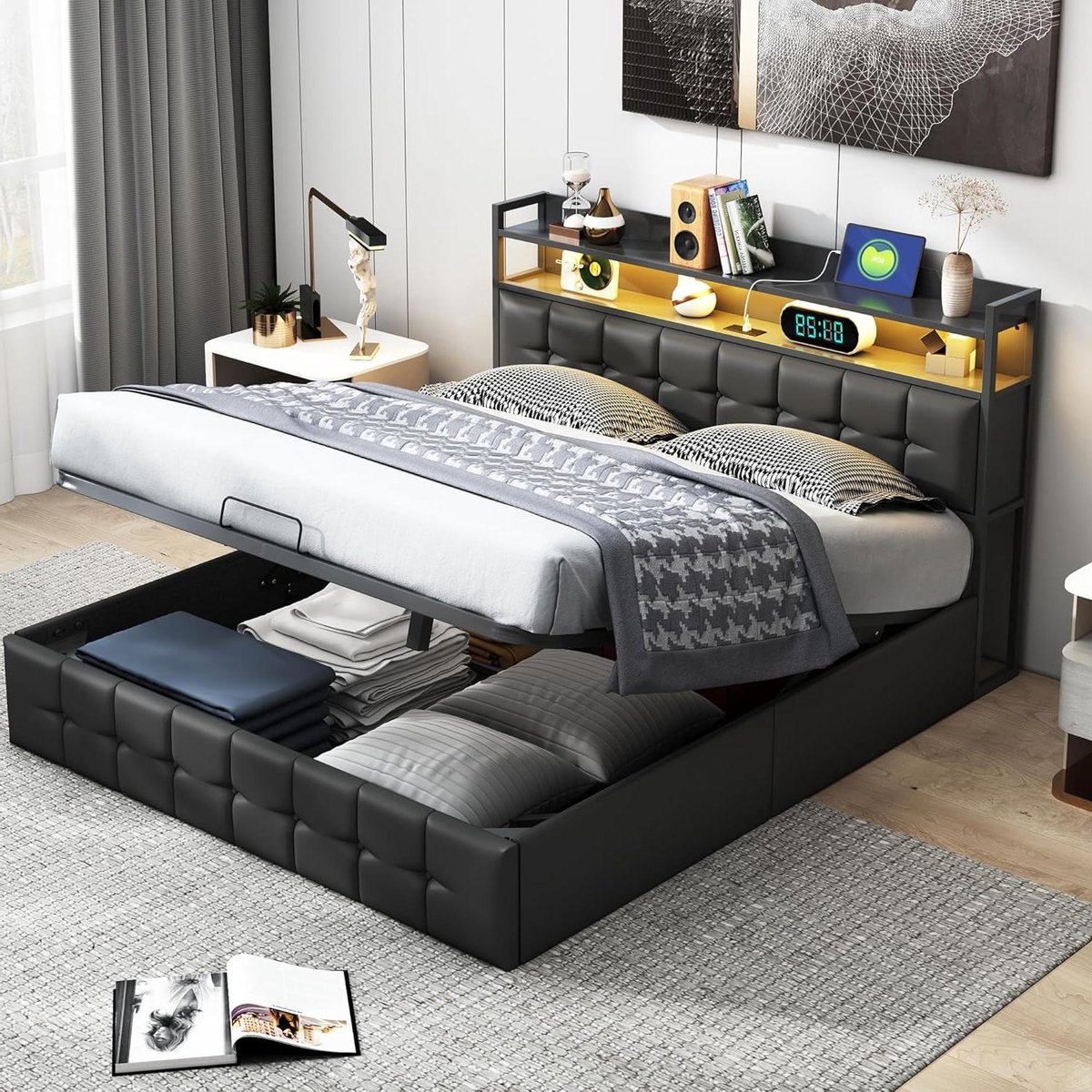 Gestoffeerd tweepersoonsbed - Opbergbed met led - Slaapkamer inrichten - Geïntegreerde USB