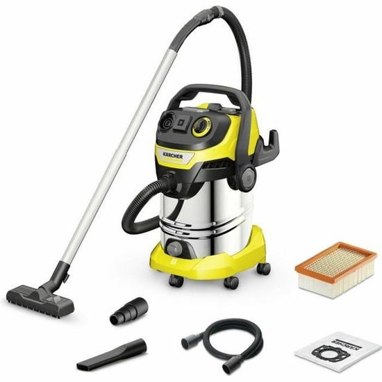 Kärcher ketelstofzuiger in geel en roestvrij staal, met accessoires: zuigbuizen, slang, vloerzuigmond, filter en extra mondstukken.