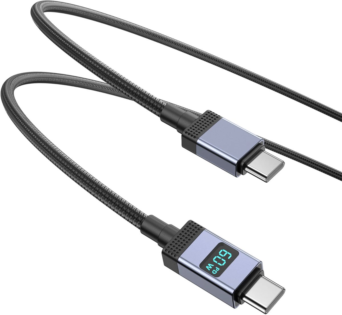 Ven-Dens 60W snelladen, 1 meter lange zwarte Type-C naar Type-C datakabel met aluminium behuizing en digitaal display.