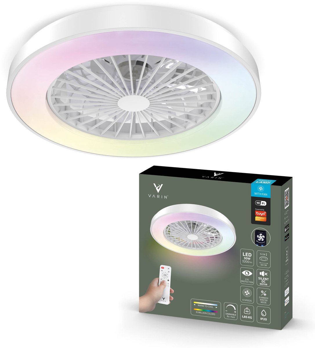 Bol.com Varin® Plafondventilator met verlichting - Wit - Tuya Wifi - LED 30W RGBW - Ø 50cm - Super stil - Afstandsbediening - Sm... aanbieding