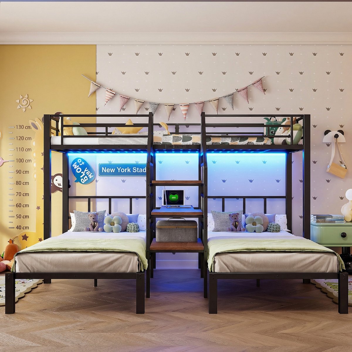 VVBV Stapelbed voor 3 Personen 90x200 cm met LED Verlichting, Bureau, Opbergtrap, 2 USB & Stopcontact, Zonder Matras, Zwart