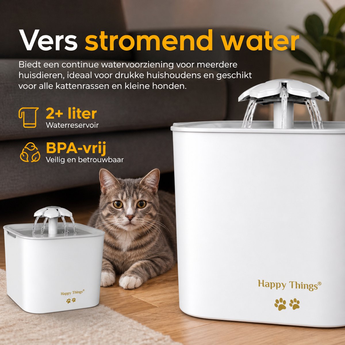 Happy Things® Drinkfontein Kat & Hond GOLD – 2.5L Geruisloze Kattenfontein met 4 Filters – Stijlvolle Waterfontein – Gezonde Hydratatie voor Huisdieren thumbnail 3