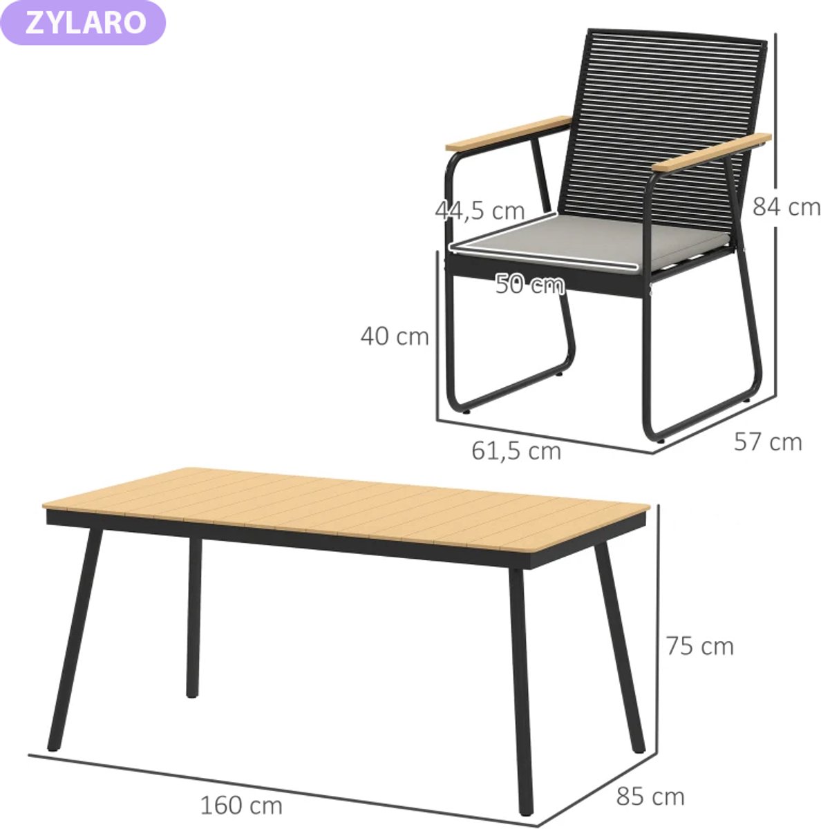 Tuinset - 7-delige Zitgroep - met 1 Tuintafel & 6 Stoelen - Tuinmeubelset voor 6 Personen - Tuintafelset - Tuin Eetset - Diningset - Zitset - voor Terras, Balkon, Tuin - Eetkamerset - Naturel Hout + Zwart – foto 5