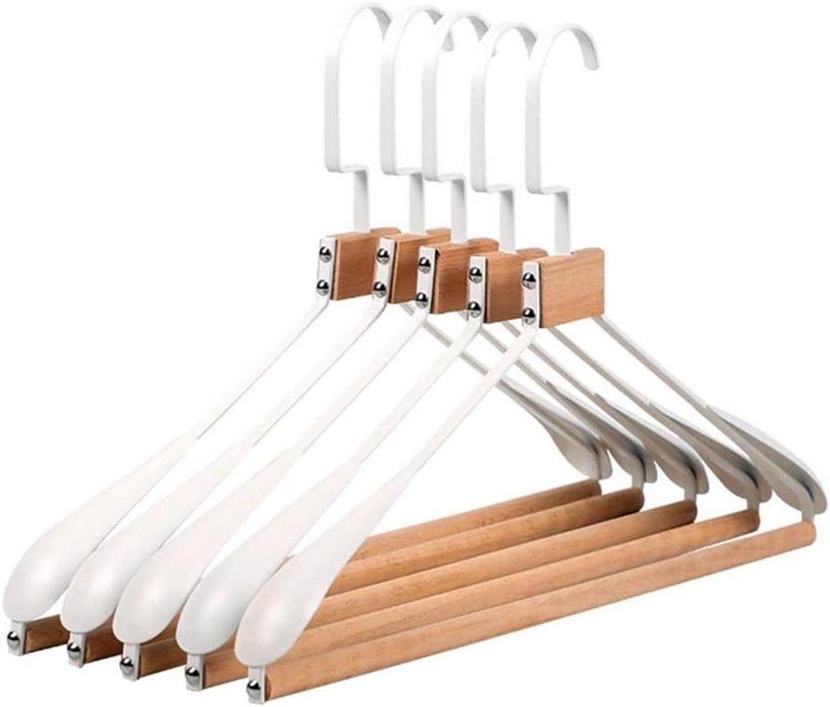 Kledinghangers 5-delig - Set hangers - Kleding opbergen - Antislip hout staal - 10 stuks - Wit