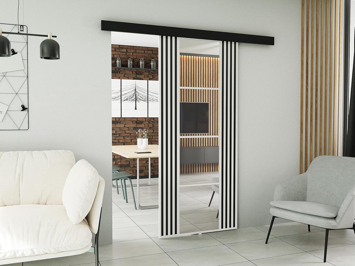 Schuifdeur met spiegel 96x205x1.6 cm – Complete schuifdeur set met railsysteem & frame – Moderne kamer schuifdeur wit PVC met metalen geleiders – links/rechts montage – Faisal
