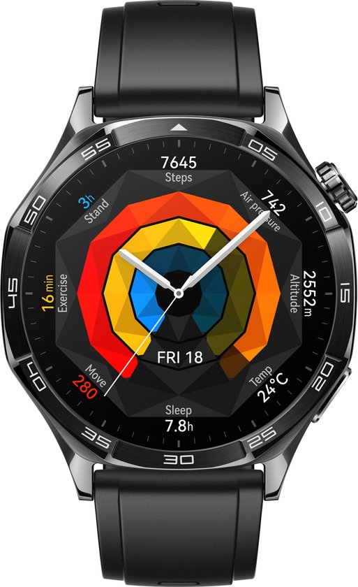 Gouden smartwatch met zwarte band, een achthoekige wijzerplaat met kleurrijke activiteitsringen, en tekst zoals '7645 Steps', 'FRI 18', '7.8h Sleep'.
