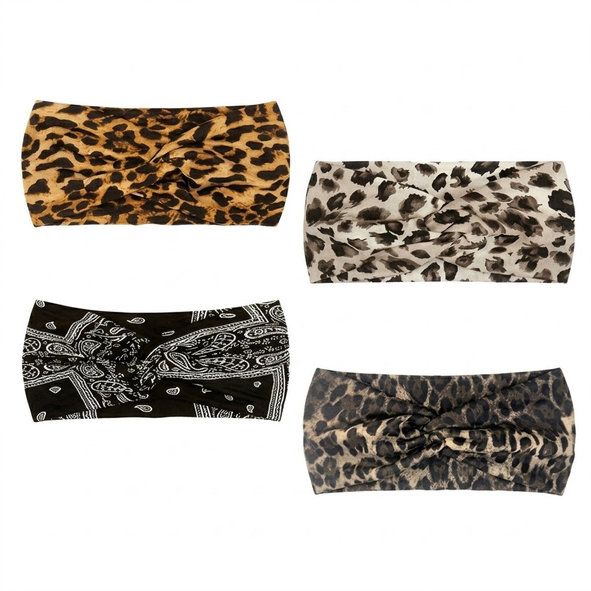 Beige bruine zwarte sport hoofdband set voor dames – 4 delige elastische haarband set met luipaardprint en bandana patroon – brede sport hoofdbanden voor yoga, hardlopen, fitness en training