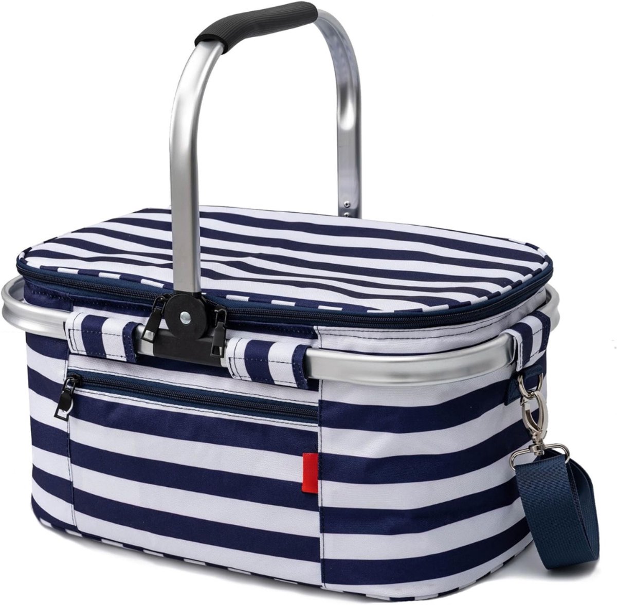 Picknickmand met Riem - Picknick Mandje - Boodschappenmand - Fruitmand - Winkelmand - Polyester - Marineblauwe Strepen - 30L - van Imperatoris
