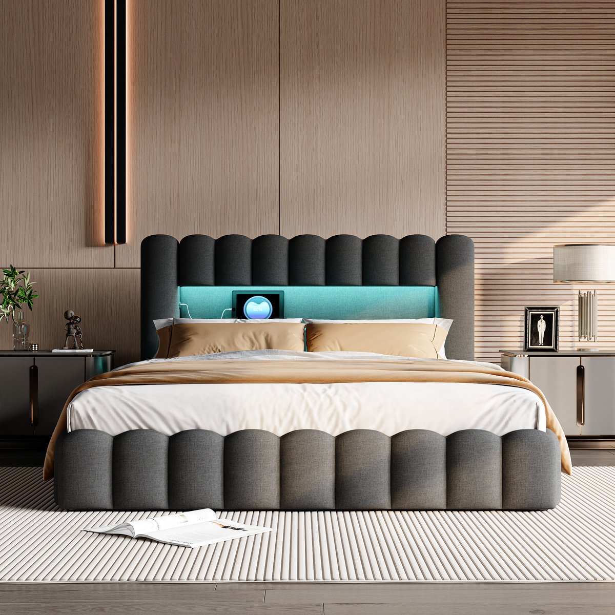 ROSAHQNDA Gestoffeerd bed 140x200cm met LED-verlichting, USB-poort en opbergruimte. Hydraulische stang, gewatteerd hoofdbord, grijze linnen stof, ingebouwd matrasontwerp, exclusief matras Grijs