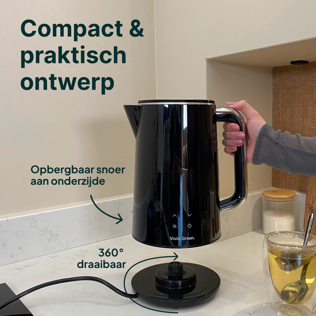 Vivid Green 2200W Waterkoker - 1.7L - Instelbare Temperatuur - BPA-vrij - Dubbelwandig - Warmhoudfunctie - Elektrisch - RVS - Zwart — afbeelding 7