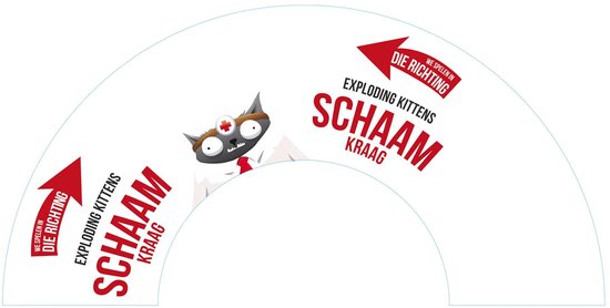 Een witte waaiervormige kartonnen schijf met illustraties van een kat met dokter-kruis en de tekst 'Exploding Kittens Schaamkraag' en rode pijlen die de speelrichting aangeven.