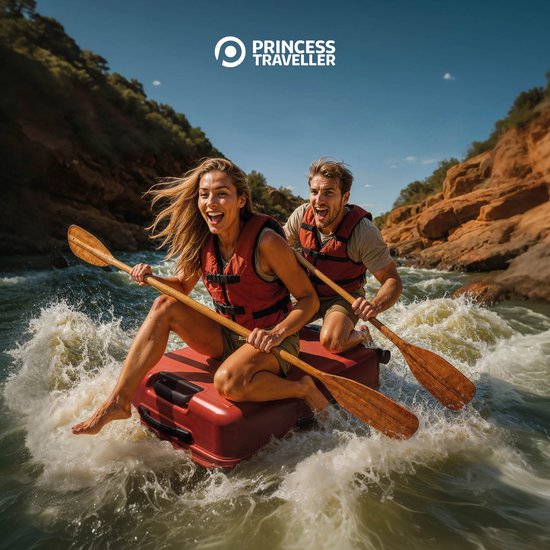Man en vrouw met reddingsvesten die op een oranje koffer door wild water raften.