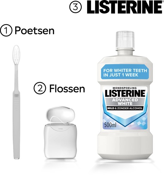 Listerine Advanced White mondwater, tandenborstel en flosdraad. "For whiter teeth in just 1 week".