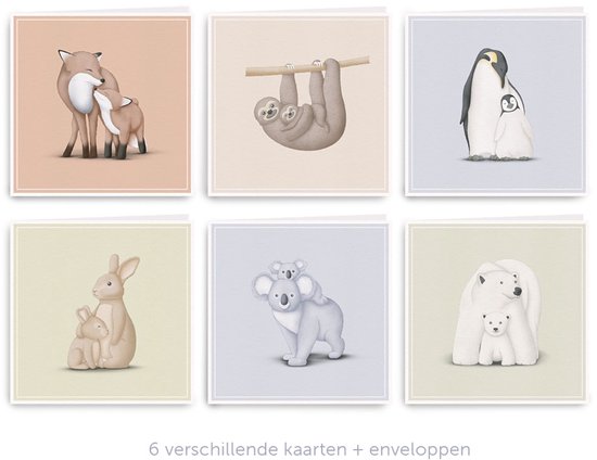 Inikini Geboorte Wenskaarten Set (6 Stuks) – Baby Felicitatiekaarten – Neutrale Blanco Kaarten met Dieren – Inclusief Enveloppen
