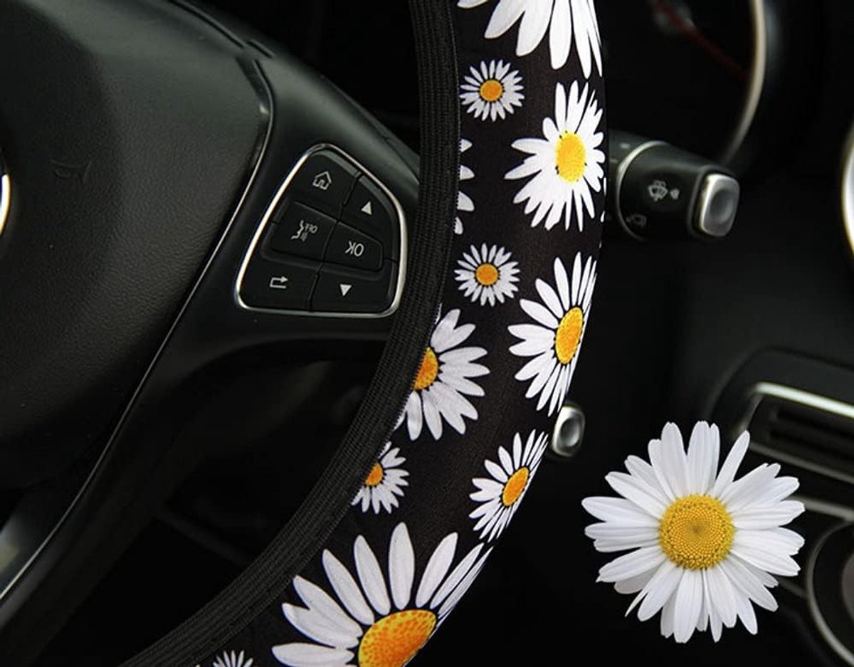 Kleurrijke Bloemenstof Stuurwielhoes voor Auto, Bescherming en Comfort, 37-38 cm, Daisies, Auto-accessoires voor Vrouwen