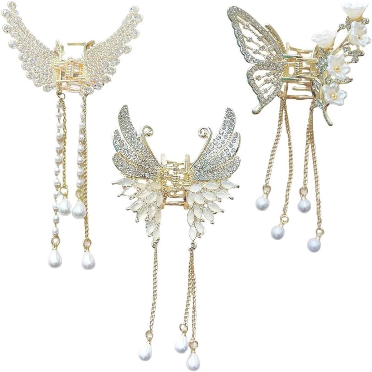 Elegante set van 3 vlinder haaraccessoires met metalen en parels - haarspelden met vlinders en strass voor vrouwen en meisjes