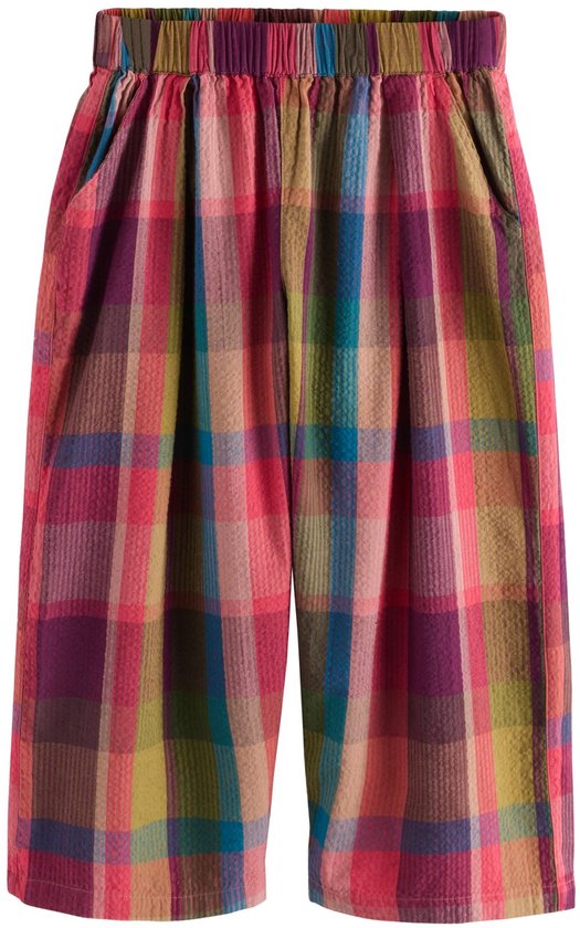 Geruite broek met wijde pijpen in rood, paars, groen en bruin.