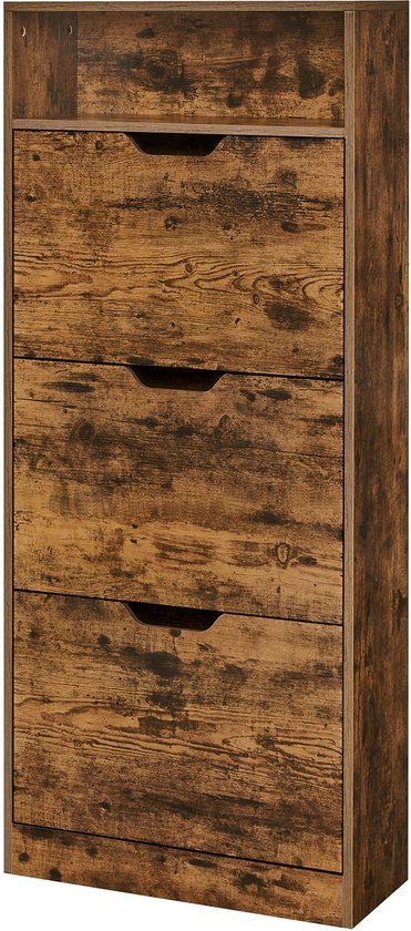 Houten schoenenkast met 3 lades en een open vak, met een rustieke afwerking.