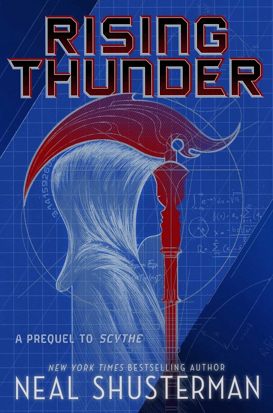 Boekomslag met een zeis met een rode sikkel en een blauwe achtergrond met wiskundige formules. Titel: RISING THUNDER.