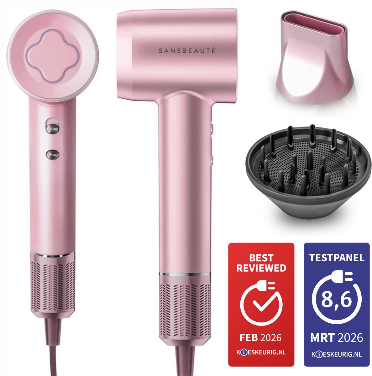 Bol.com Sansbeauté® Föhn met Diffuser - Krullen - 110.000RPM - Ionische Haardroger met Borstel - 3 Standen - 3 Opzetstukken - Re... aanbieding
