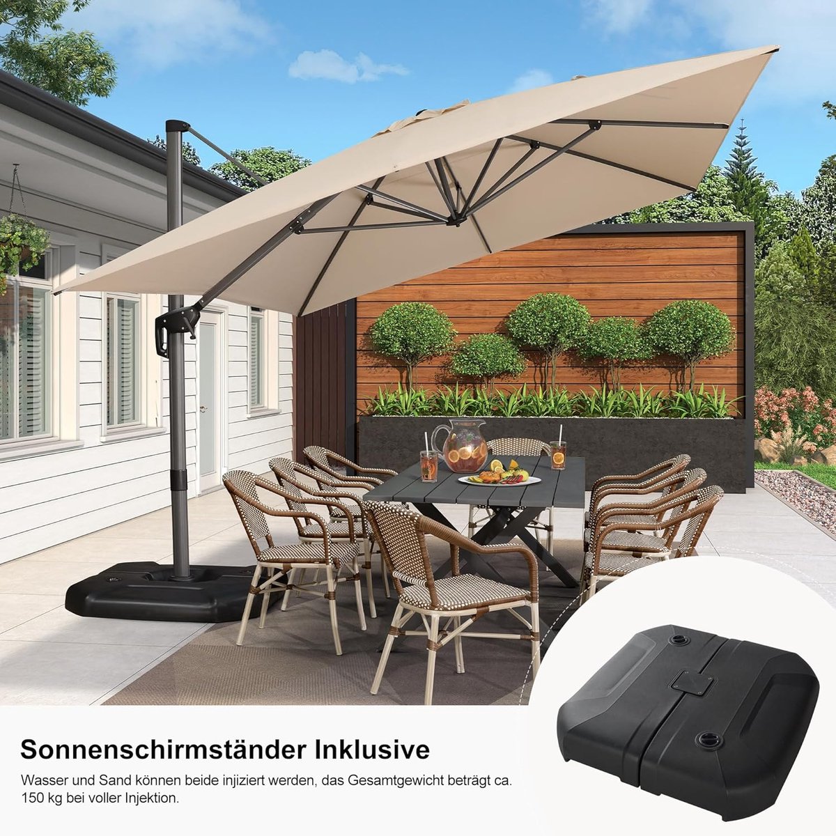 Luxe XXL Zweefparasol 400 x 300 cm met 360° Rotatie, Aluminium Frame, Inclusief Parasolvoet en Crank – UV-Bestendige Rechthoekige Tuinparasol Beige