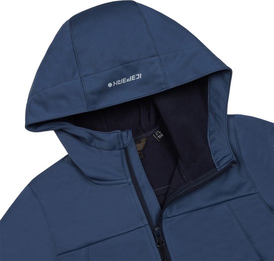 Donkerblauwe jas met capuchon, Icepeak logo op capuchon en maatlabel.