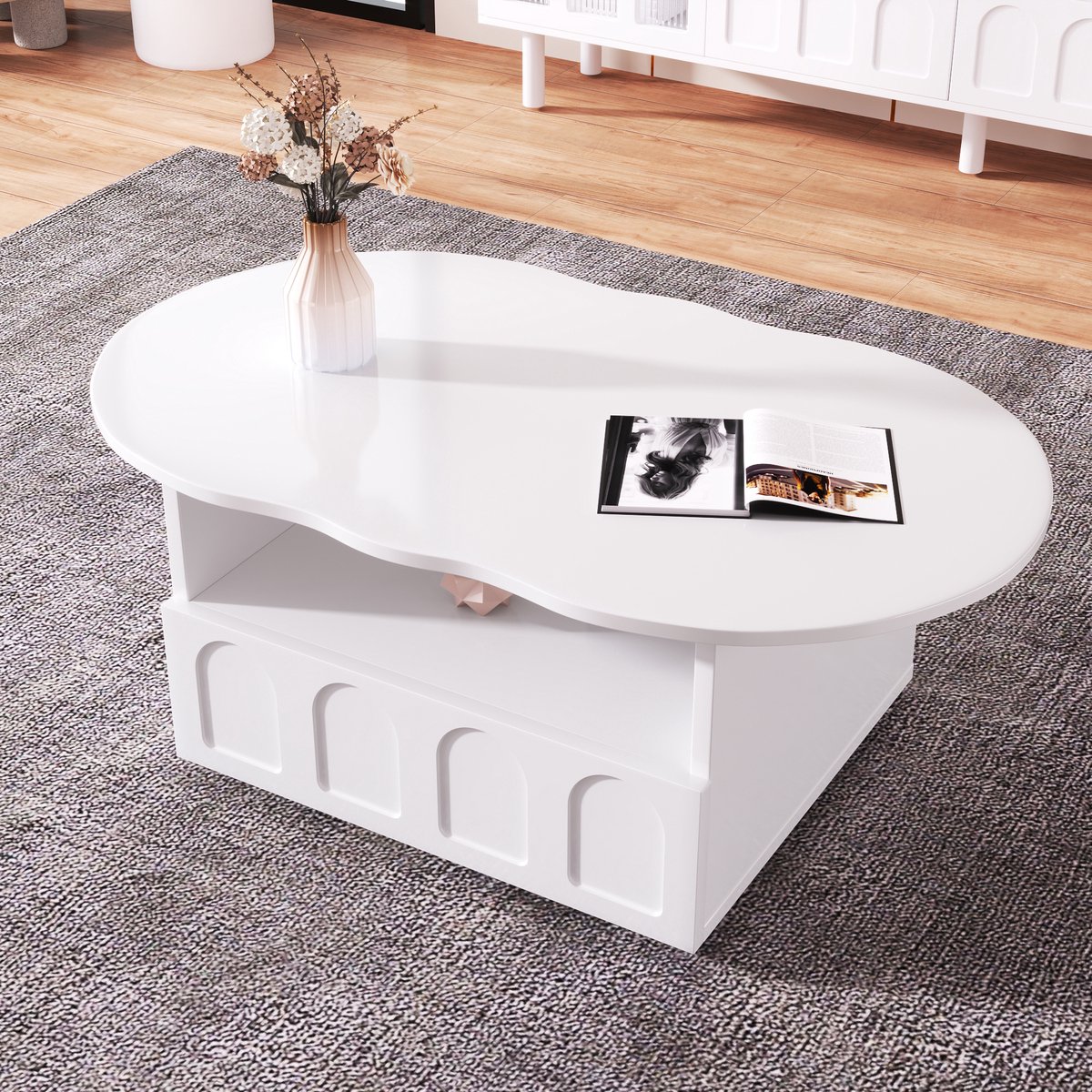 Witte Wolkvormige Salontafel 100x60x40,5 cm - Moderne Design Salontafel met Lade en Open Opbergruimte - voor Woonkamer en Slaapkamer