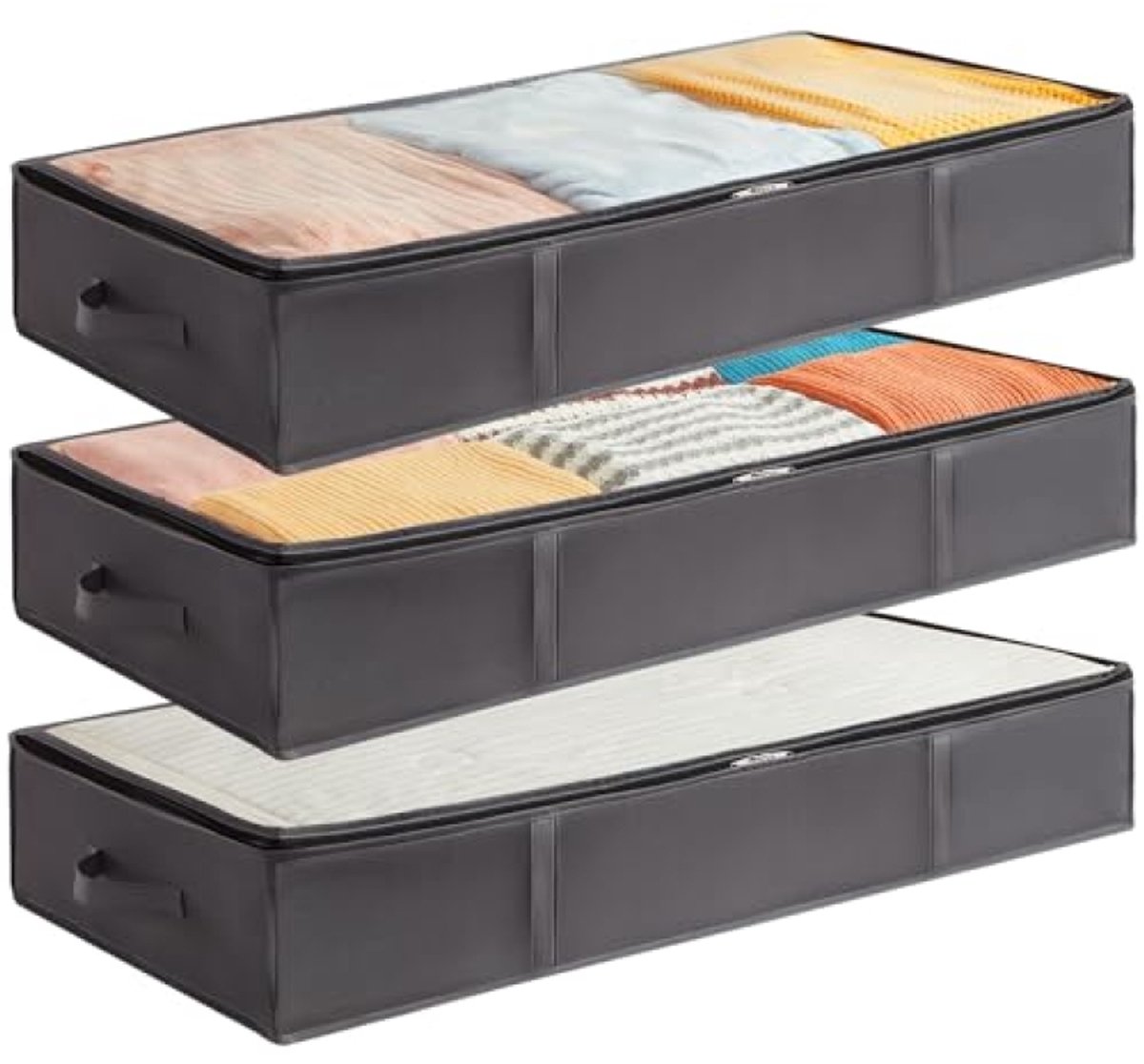Set van 3 opvouwbare opbergboxen onder het bed, 75 liter per stuk, grijs