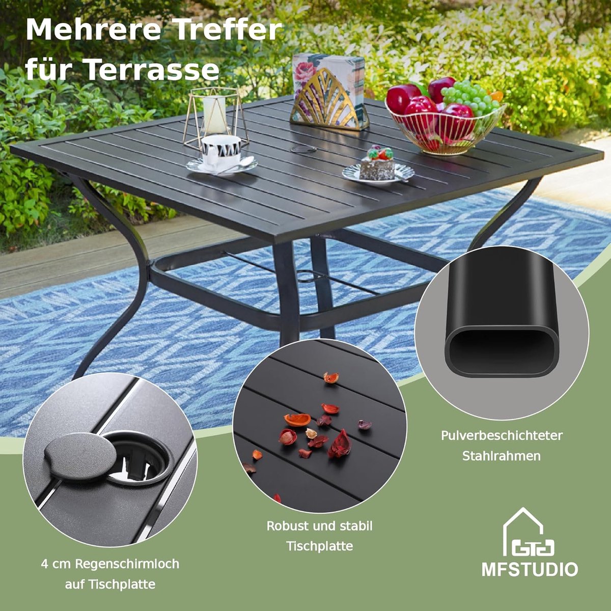 Tuinmeubelset 5-delig 4 Personen 94x94x71 cm – Polyrotan Stoelen met Kussens & Stalen Tuintafel met Parasolgat – Weerbestendig Balkon & Terras Set – Modern Design – Nicolehome