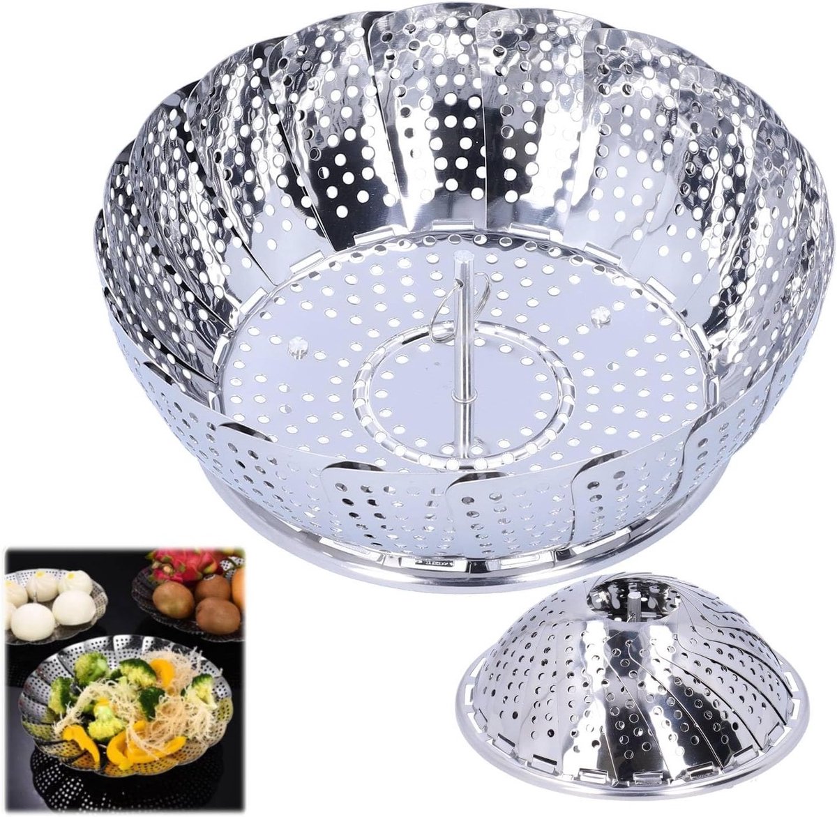 Vouwbare RVS Groentestomer met Centrale Haak voor Drukpannen en Pannen, Geschikt voor Groenten, Eieren en Desserts, Perfect voor Gezond Koken en Stomen