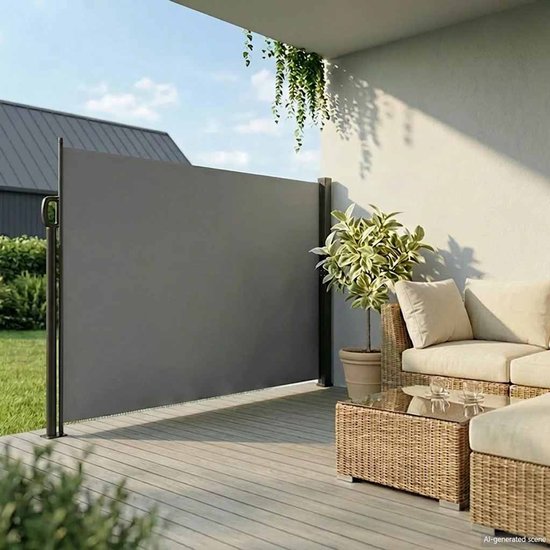 Antracietkleurig uittrekbaar windscherm op een terras bij een huis.
